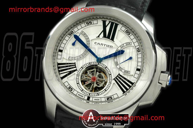 Luxury Cartier Calibre de Cartier Calender Tourbillon SS/Leather White