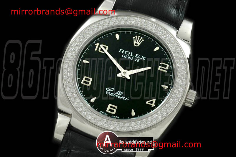 Luxury Rolex Ladies Cellini SS/Leather/Diamond Black Num Swiss Quartz