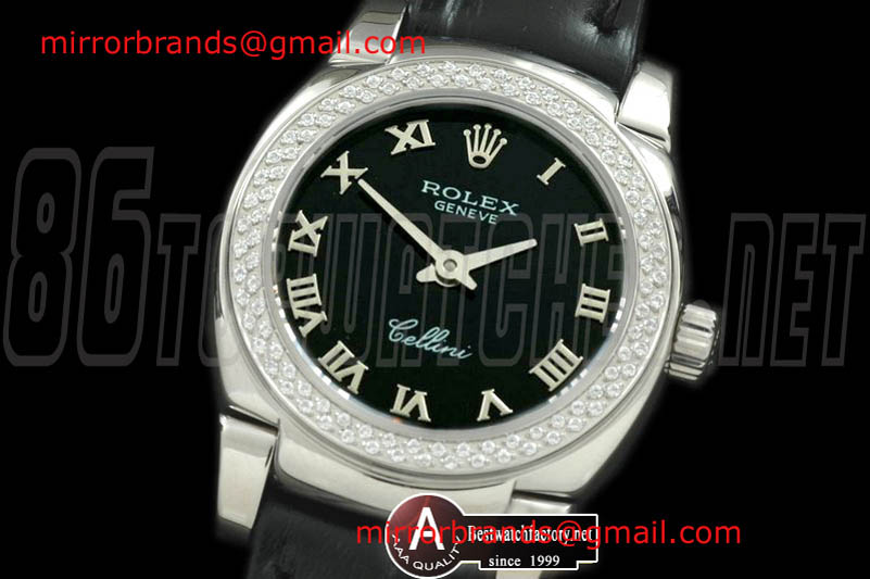 Luxury Rolex Ladies Mini Cellini SS/Leather Black Roman Swiss Quartz