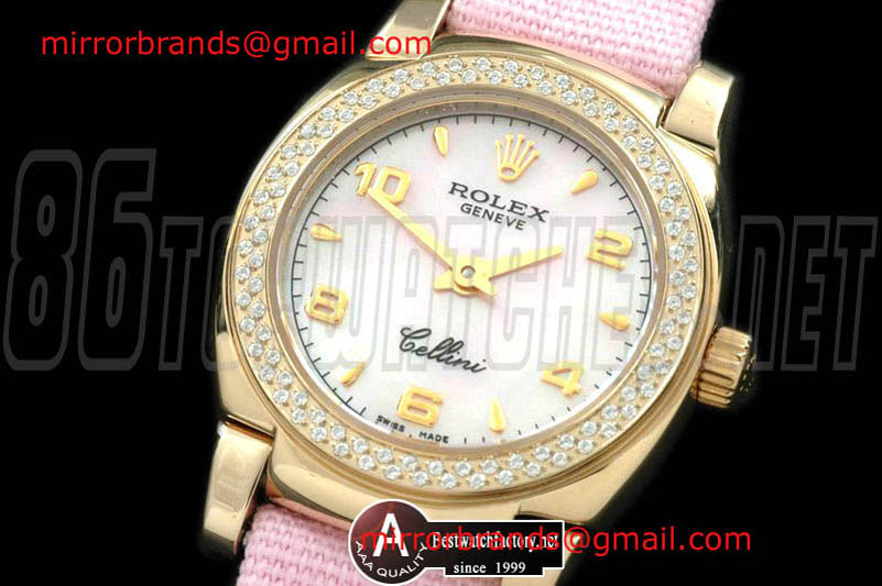 Luxury Rolex Ladies Mini Cellini Yellow Gold/Leather MOP Pink Numeral Swiss Qtz