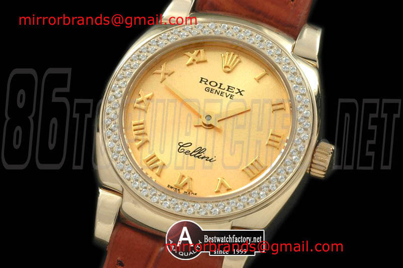 Luxury Rolex Ladies Mini Cellini Yellow Gold /Leather Gold Roman Swiss Qtz