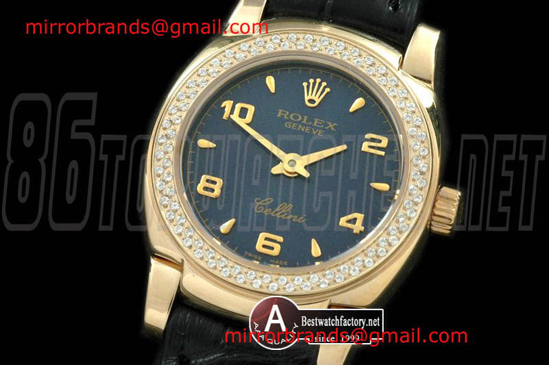 Luxury Rolex Ladies Mini Cellini Yellow Gold/Leather Blue Numeral Swiss Qtz
