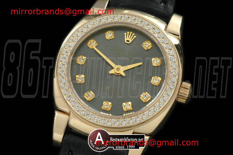 Luxury Rolex Ladies Mini Cellini Yellow Gold/Leather MOP Black Diamond Swiss Qtz