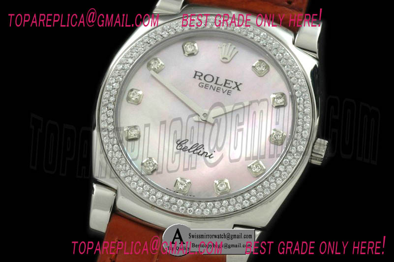 Rolex Cellini SS/Leather MOP Pink Diamond Swiss Quartz Replica Watches