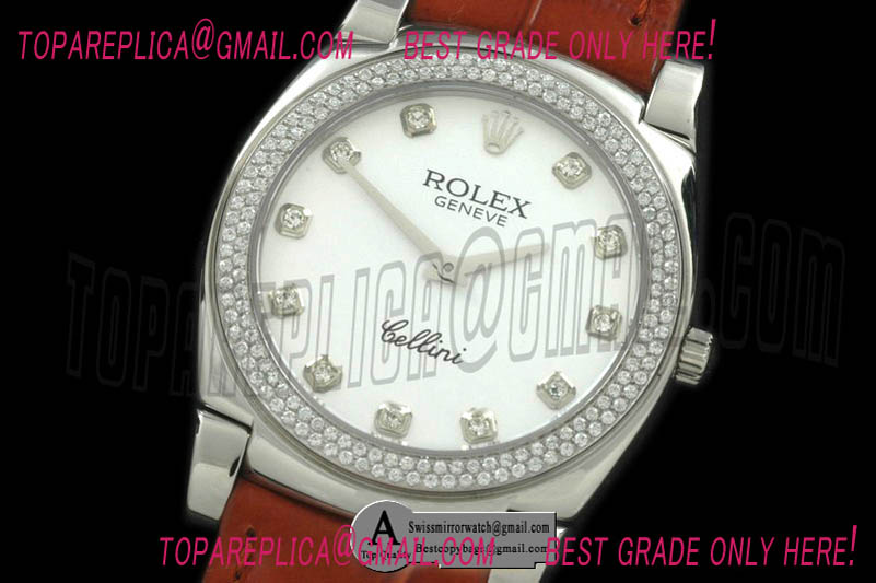 Rolex Cellini SS/Leather White Diamond Swiss Quartz Replica Watches