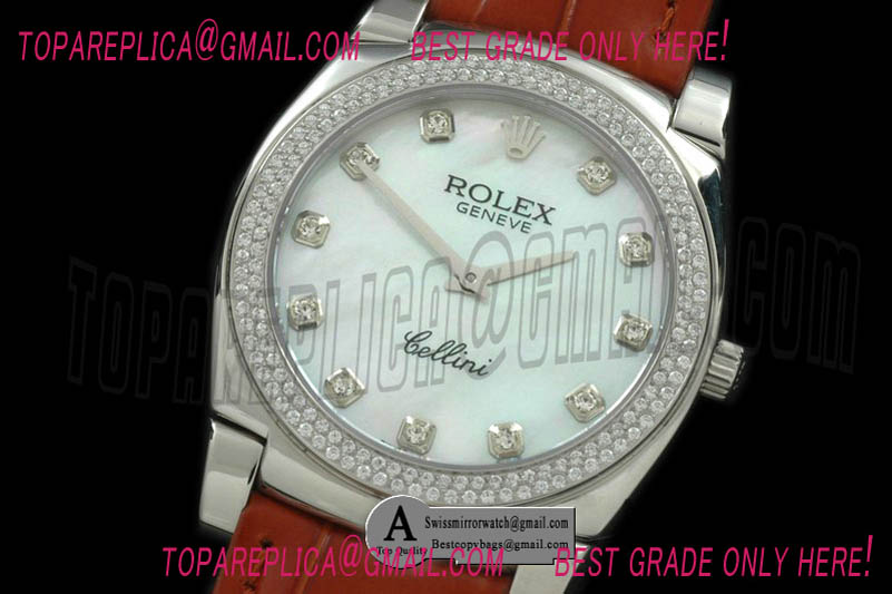 Rolex Cellini SS/Leather MOP White Diamond Swiss Quartz Replica Watches