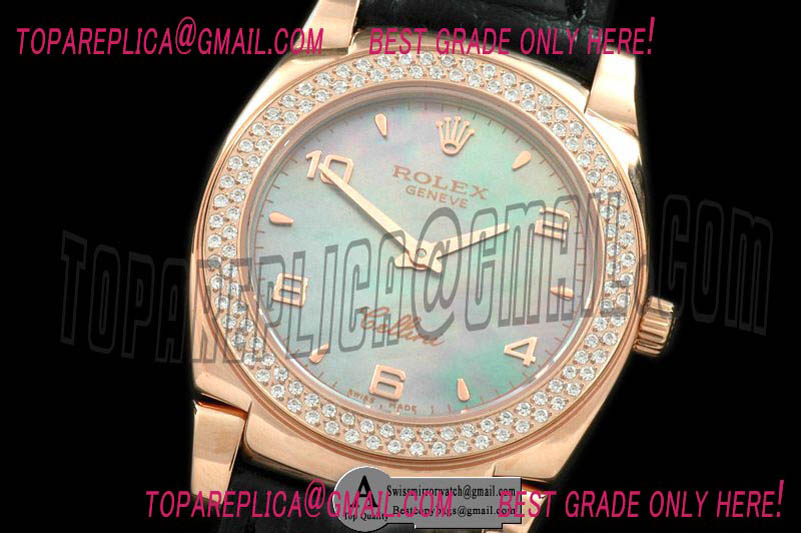 Rolex Ladies Cellini Rose Gold/Leather/Diamond MOP Green Numeral Swiss Quartz Replica Watches