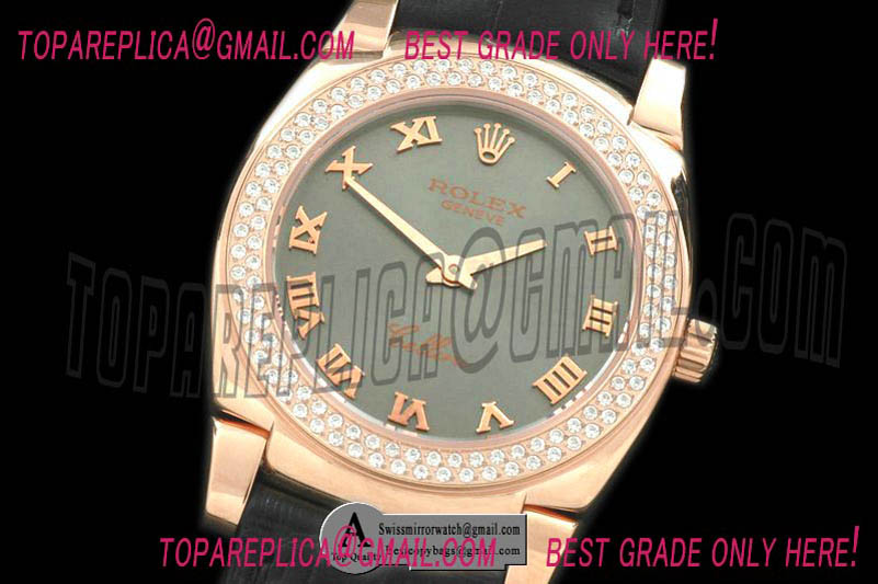 Rolex Ladies Cellini Rose Gold/Leather/Diamond Grey Swiss Quartz Replica Watches