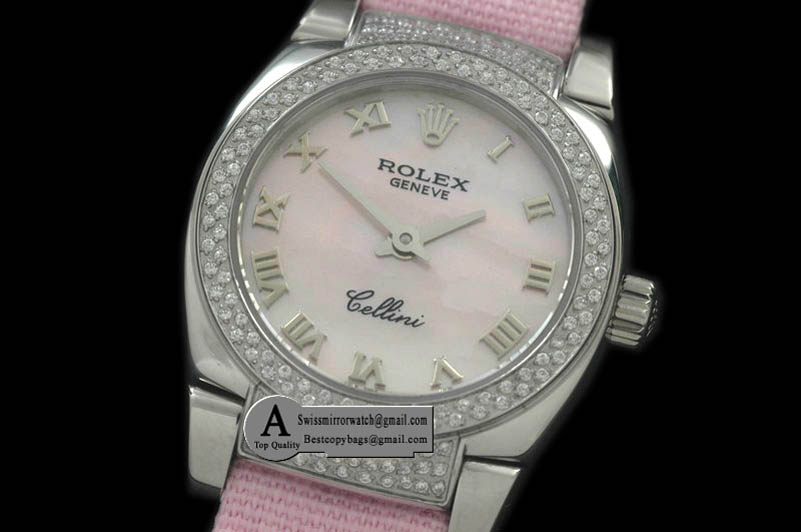 Rolex Ladies Mini Cellini SS/Leather MOP Pink Roman Swiss Quartz Replica Watches