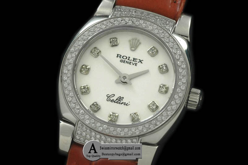 Rolex Ladies Mini Cellini SS/Leather White Diamond Swiss Quartz Replica Watches