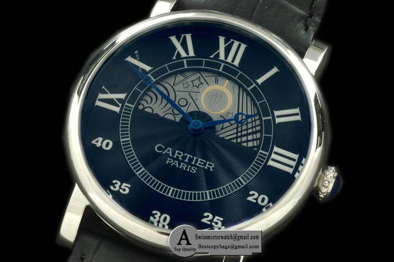 Cartier Ronde De Cartier Day Phase SS Leather Black Jap Quartz Replica Watches