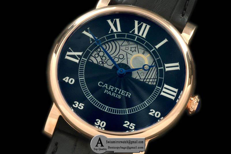 Cartier Ronde De Cartier Day Phase Rose Gold Leather Black Jap Quartz Replica Watches