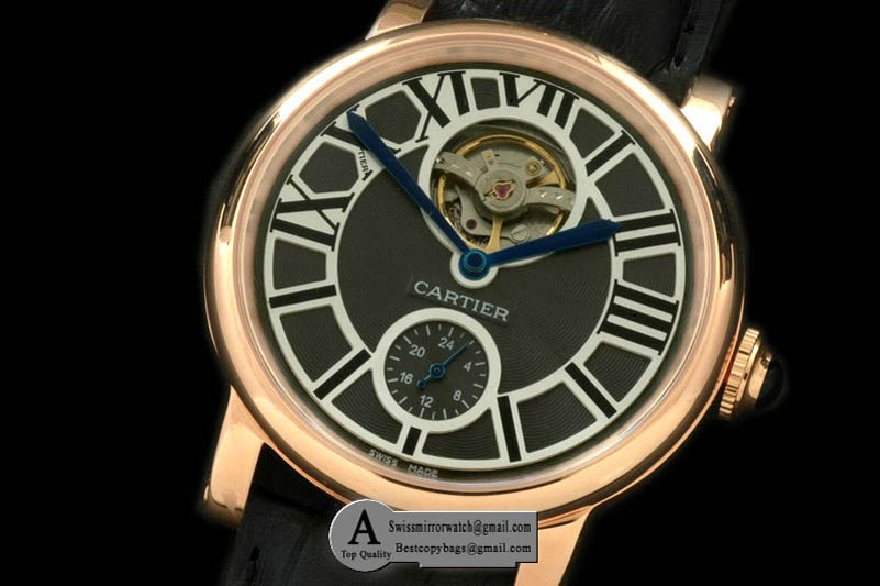 Cartier Ronde De Cartier Tourbillon Rose Gold Leather Black Asian 2813 Replica Watches