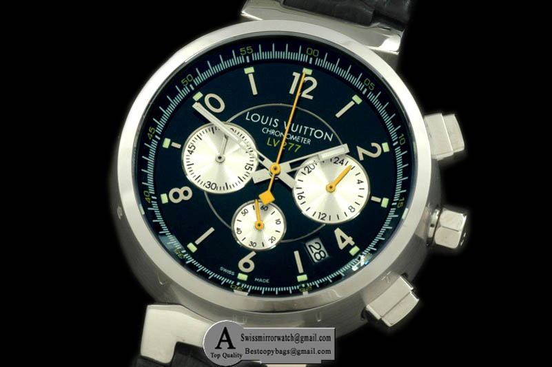 Louis Vuitton LV Cup 227 Chrono SS Leather Black Jap Quartz Chrono Replica Watches