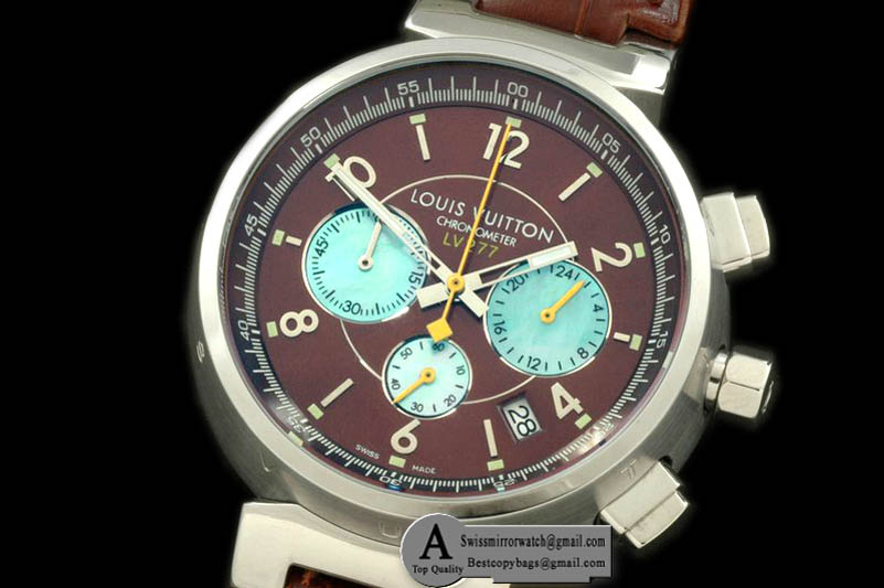 Louis Vuitton LV Cup 227 Chrono SS Leather Brown Blue Jap Quartz Chrono Replica Watches
