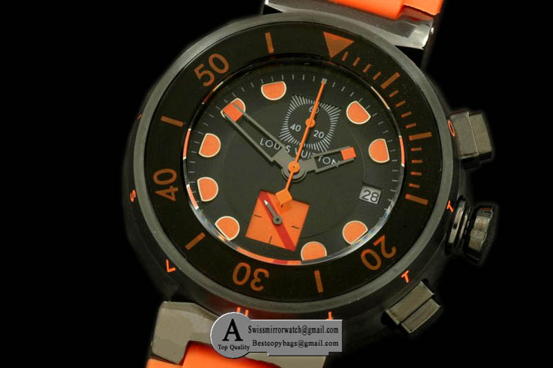 Louis Vuitton Tambour MenXL Diving Chrono PVD Rubber Black Orange Jap OS Replica Watches