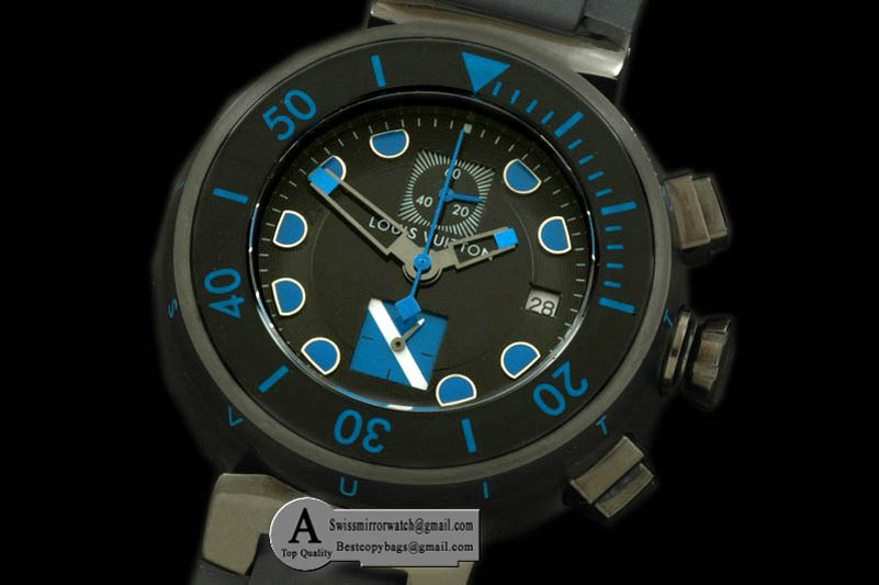 Louis Vuitton Tambour MenXL Diving Chrono PVD RU Black Blue Jap OS Replica Watches
