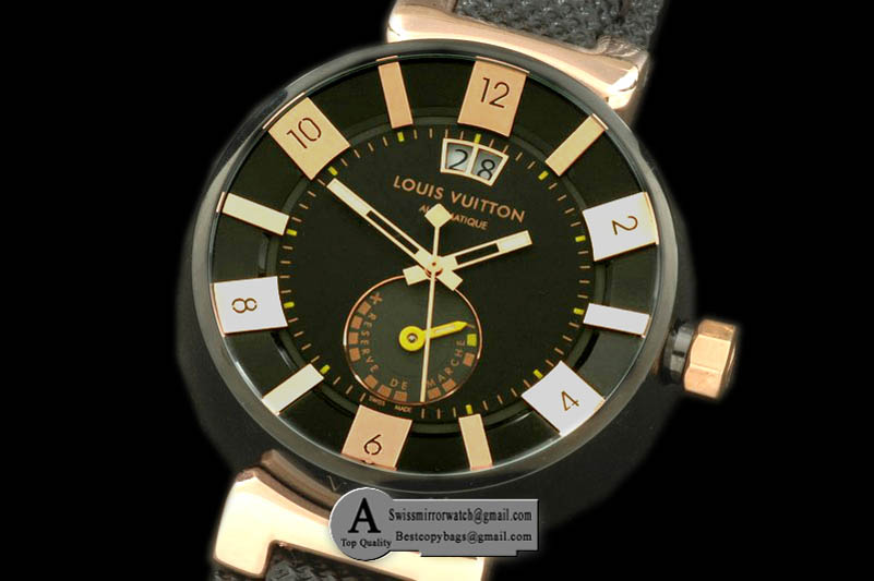 Louis Vuitton Tambour 227 Big Date Reserve Rose Gold NY Black Jap Quartz Replica Watches