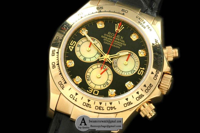 Rolex 2011 Yellow Gold Leather Black White Diamond A-7750 Sec@6 28800 Replica Watches
