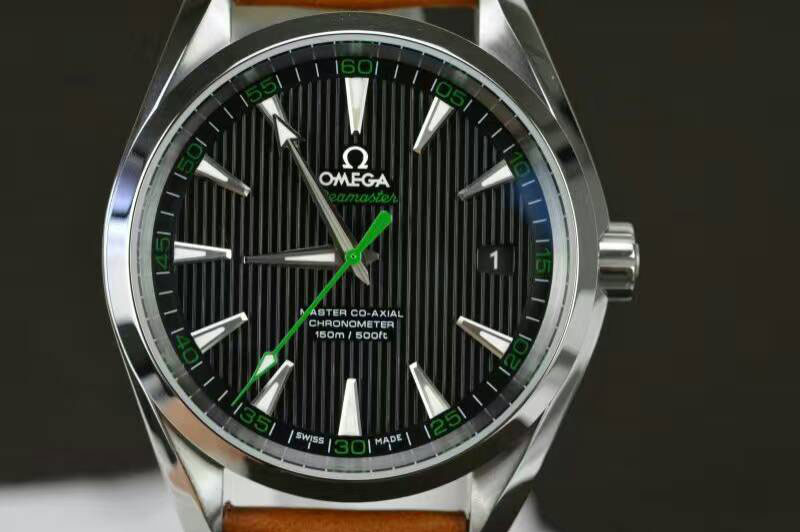 Omega Aqua Terra 150M SS 1:1 Best Edition Black Textured Dial Green on Leather Strap A8500
