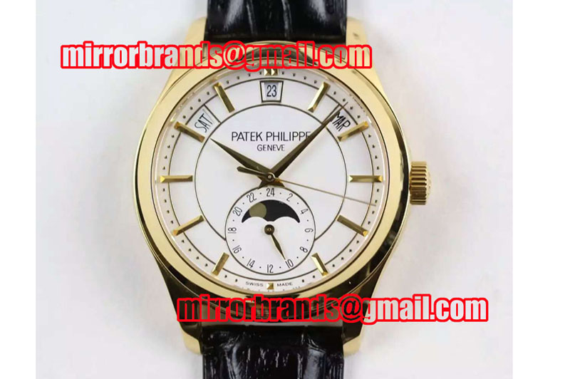 Patek Philippe Classic 5205G Moonphase YG White Dial on Black Leather Strap Miyota 9015