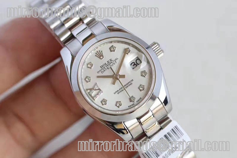 Ladies Rolex DateJust SS White/Black Dial Diamonds Markers ETA2671