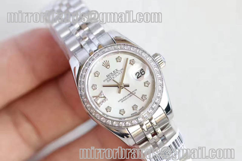Ladies Rolex DateJust SS White/Black Dial Diamonds Markers Jubilee Bracelet ETA2671