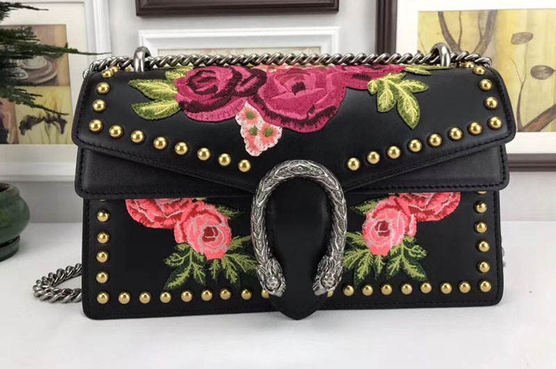 Gucci 400249 Dionysus Embroidered Leather Shoulder Bag Black Rose