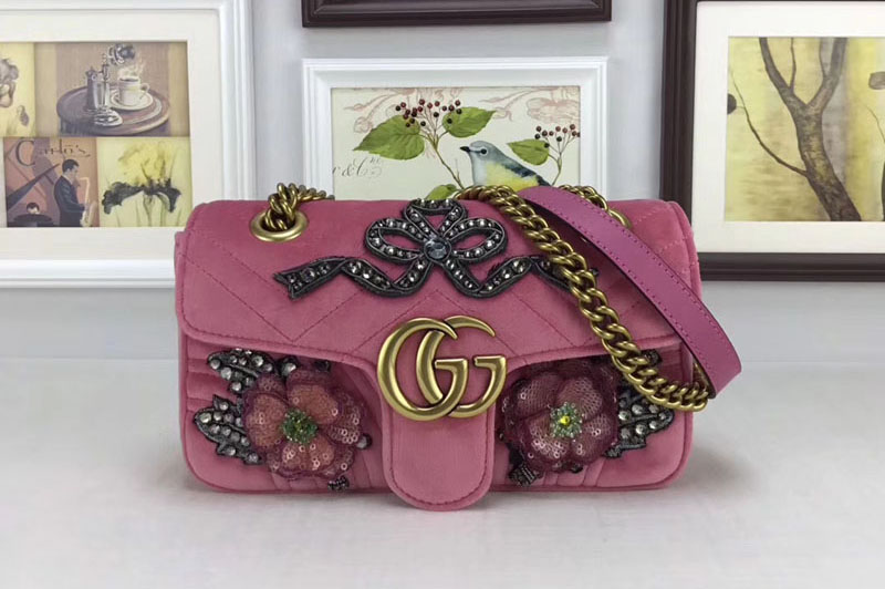 Gucci 446744 GG Marmont Embroidered Velvet Mini Bag Pink