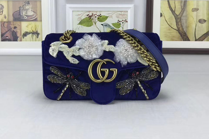 Gucci 446744 GG Marmont Embroidered Velvet Mini Bags Blue