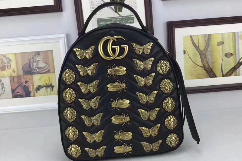 Gucci 476671 GG Marmont Animal Studs Leather Backpack Black