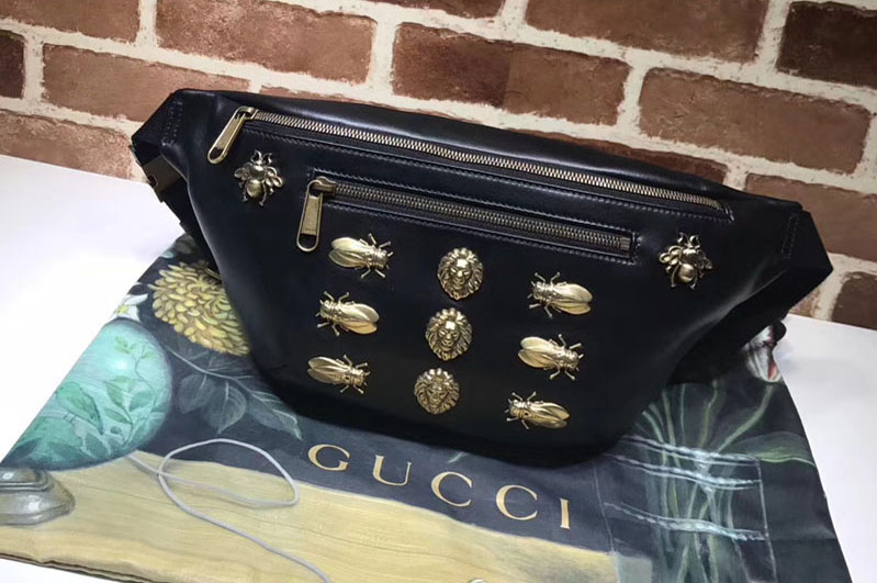 Gucci 484683 Leather belt bag with animal studs Black