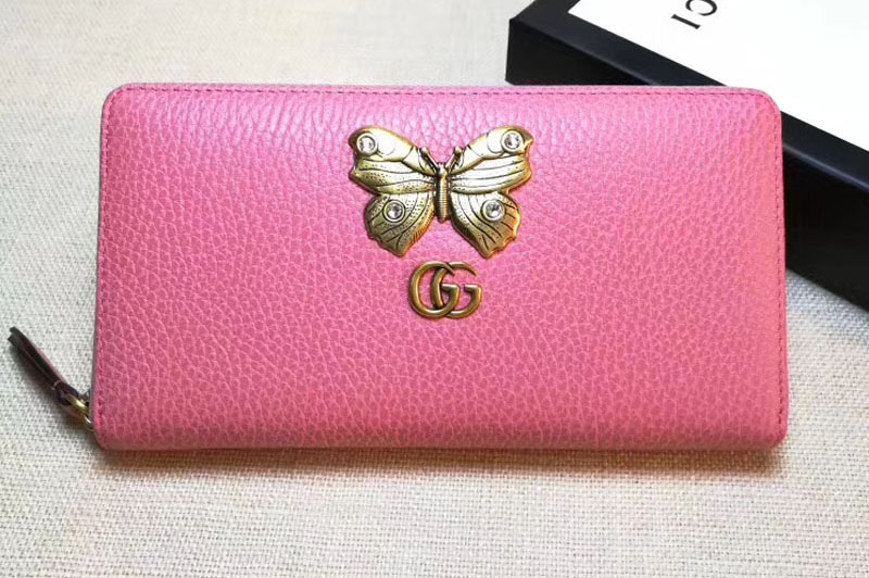 Gucci 499363 Leather zip around wallet with butterfly Pink [499363-p1 ...