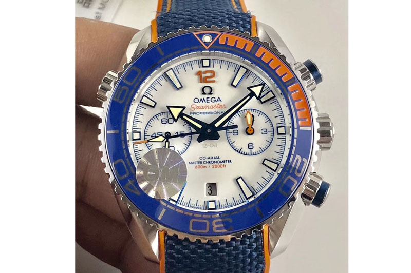 Omega Planet Ocean Master Chronometer Chrono SS OM 1:1 Best Edition White Dial Blue Ceramic Bezel on Nylon Strap A9900