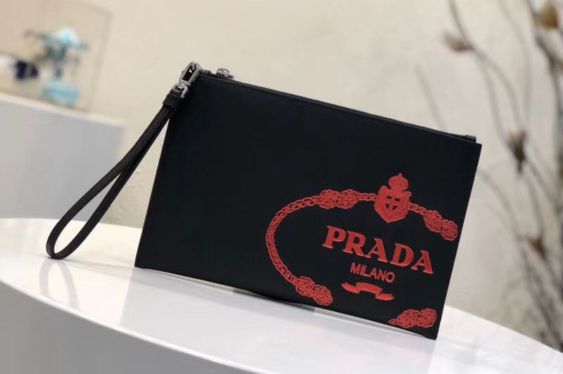 Prada Saffiano Leather Document Holder With Logo Print 2NG005 Black