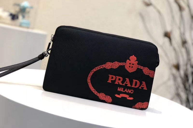 Prada 2VF056 Saffiano Leather Clutch With Red Logo Print Black