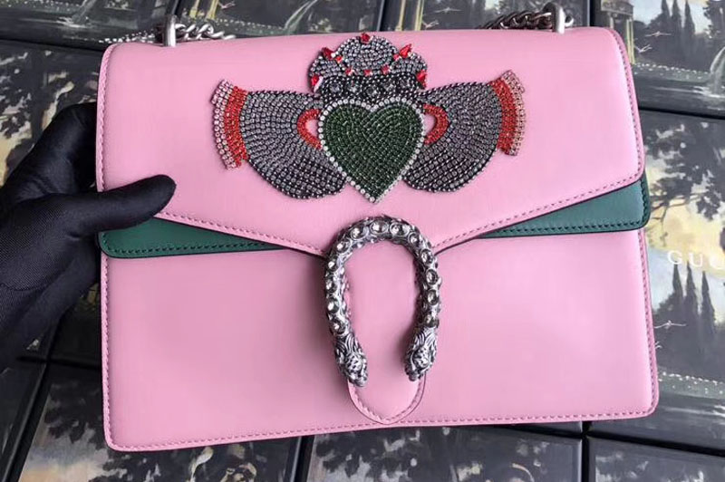 Gucci 403348 Dionysus Embroidered Leather Shoulder Bag Pink/Green