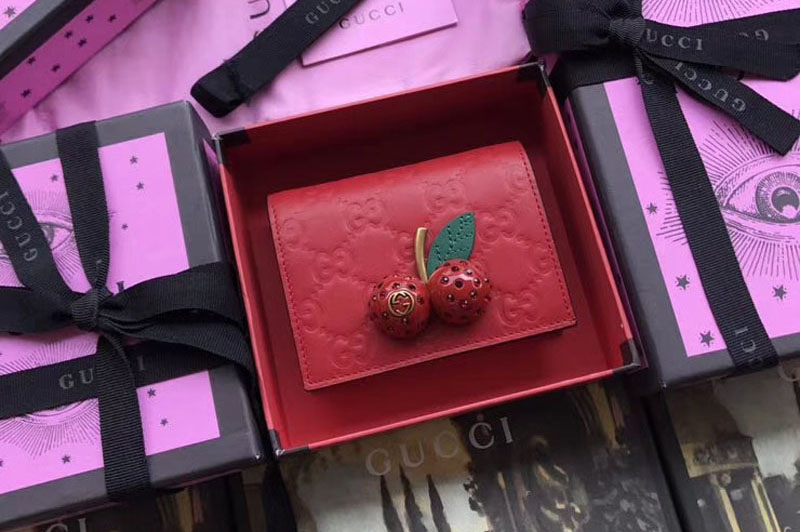 Gucci Signature card case with cherries 476050 Red