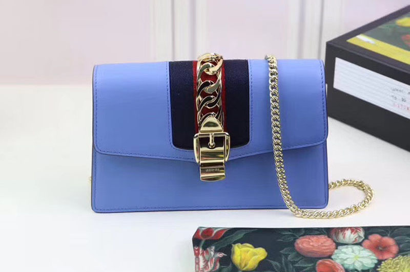 Gucci Sylvie Web Leather Mini Chain Bag 494646 Blue