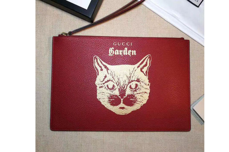 Gucci Garden Cat Print Calfskin Pouch 516928 Red