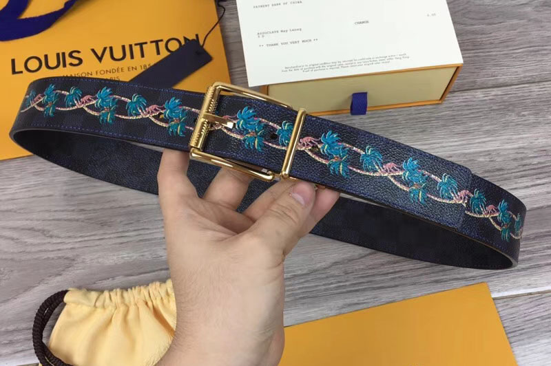 Louis Vuitton M0020U LV Damier Print 40mm Reversible Mens Belts Damier Graphite Canvas Gold Buckle