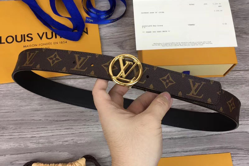 Louis Vuitton M9932Q LV Circle 35mm Mens Belts Monogram Canvas Gold Buckle