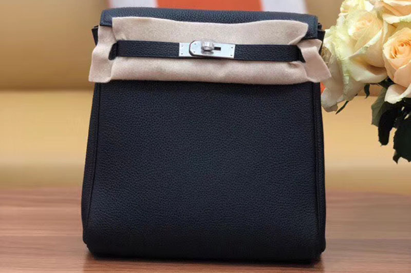 Hermes kelly ado 22cm backpack Original Togo Leather Full Handstitch Black Silver Hardware