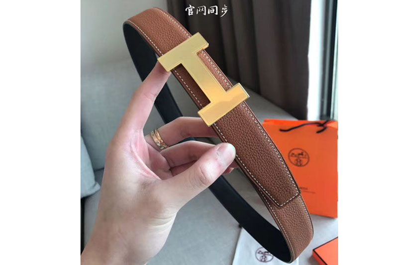Hermes Quizz 32mm Reversible Leather Belt Original Tan/Black Leather