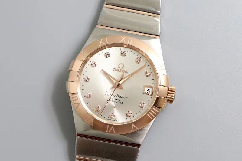 Omega Constellation 38mm SS/RG VSF 1:1 Best Edition Silver Dial Diamonds Markers on SS/RG Bracelet A8500 Super Clone
