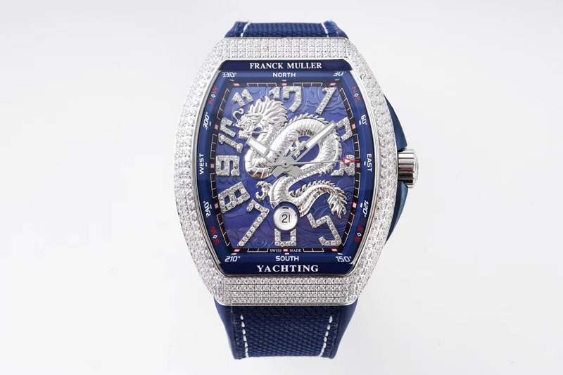 Franck Muller Vanguard V45 SS Full Diamonds ABF Best Edition Blue Textured Dial Diamonds Markers With Dragon on Blue Gummy Strap