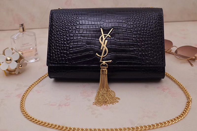 Saint Laurent YSL 354119 Medium Kate Tassel Chain Bag Black Crocodile Embossed Leather Gold Hardware