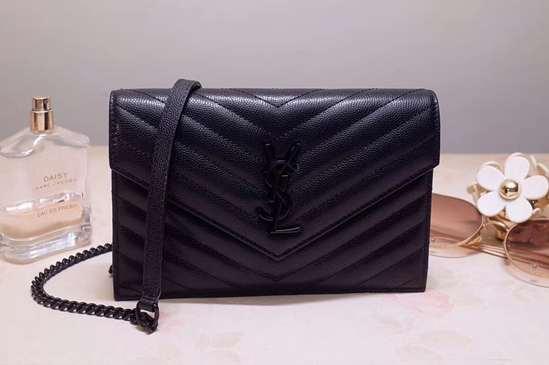 Saint Laurent YSL 393953 Envelope Chain Wallet Bags In Black Grain De Poudre Embossed Leather