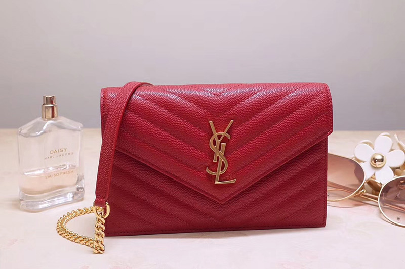 Saint Laurent YSL 393953 Envelope Chain Wallet Bags In Red Grain De Poudre Embossed Leather