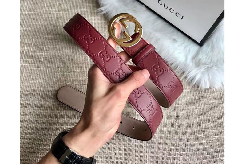 Gucci 409417 35mm Signature leather belt Red Leather Gold G buckle ...